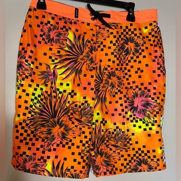 NWT Hurley Boy's Orange  Floral Checkered Boardshorts Big Kids size 18 Swim - Picture 2 of 7